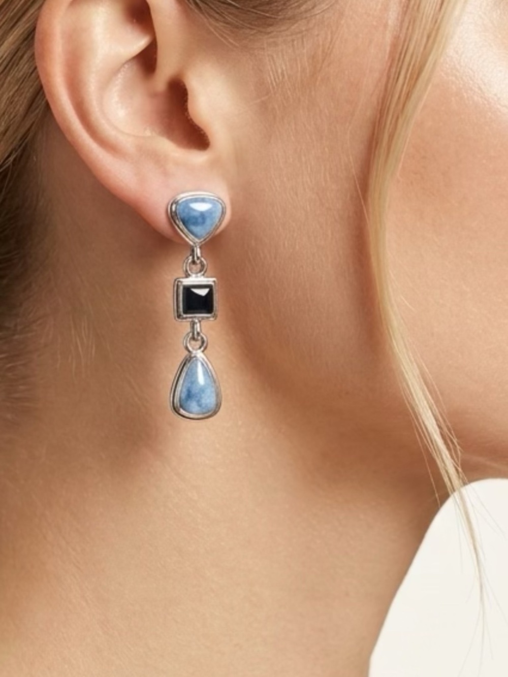 Delicate Blue and Gray Silver Tone Pierced Dangle Earrings